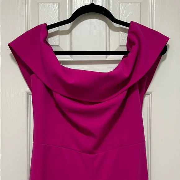 MARINA Fuchsia Draped off the shoulder Wide-Leg Jumpsuit - Picture 4 of 6